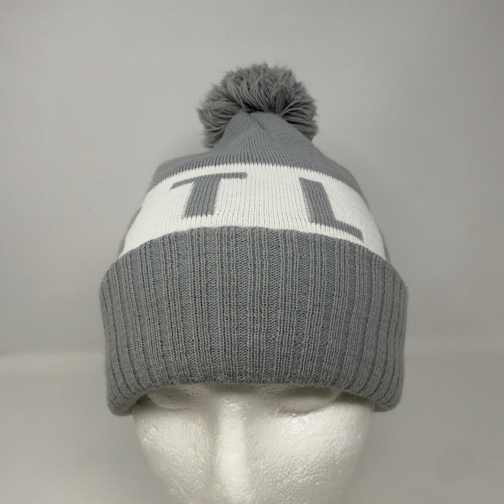 Portland Gear Block Lettering‎ Portland Spell Out Pom Pom Beanie Hat Gray White